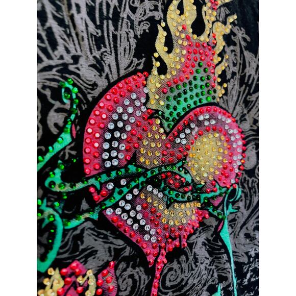 Ed Hardy Christian Audigier Rhinestone Heart Rose T-Shirt Black Size S - Picture 4 of 4